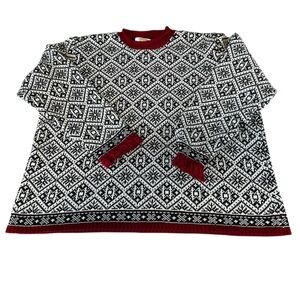 Talbots Fair Isle Nordic Knit Sweater Tassel Cuffs Red Black L/XL Snowflake Warm